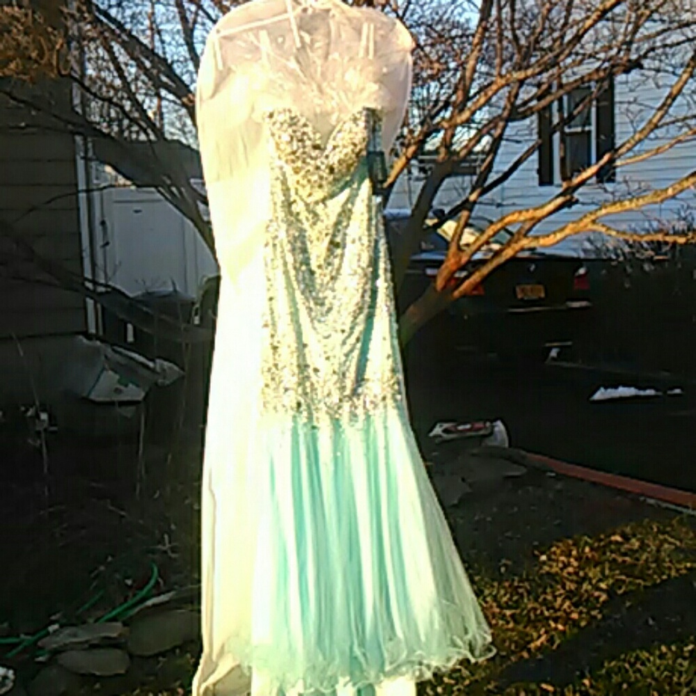 Full length, blingy, light blue prom dress